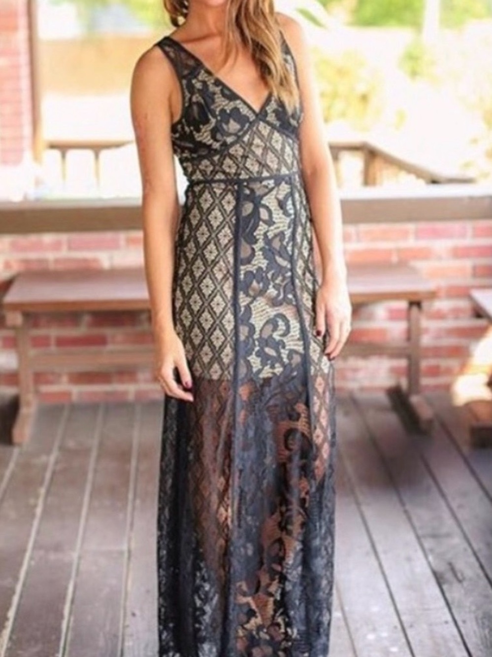 Jealous Tomato Black Lace Maxi Dress with Nude Bodycon Underlay size small